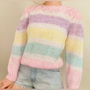 Vintage Bramble Lane 80s Puff Sleeves Multicolor Pastel Hand Knitted Sweater